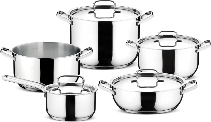 Lagostina Sfiziosa Lagoseal Plus Set of 9 Saucepans with Bottom for All Hobs, Stainless Steel Coating for Fast Heating and Even Cooking, Elegant Design Long Lasting