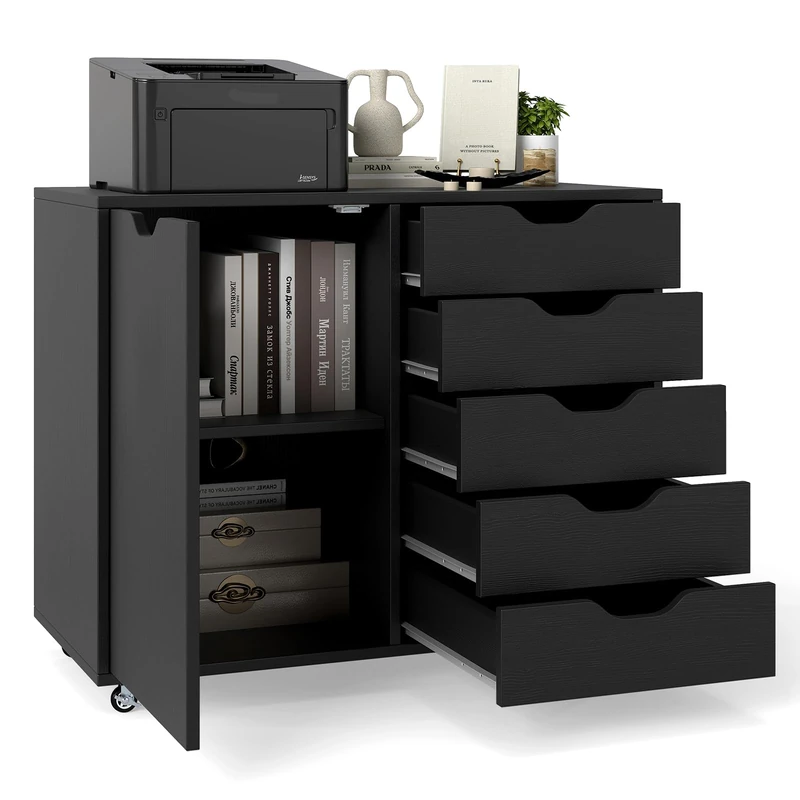 CASART Rolling File Cabinet, 5/7 Drawers Freestanding Storage Organizer Cupboard on Wheels, Home Office Lateral Filing Chest (Black, 5 Drawers + 1 Door)