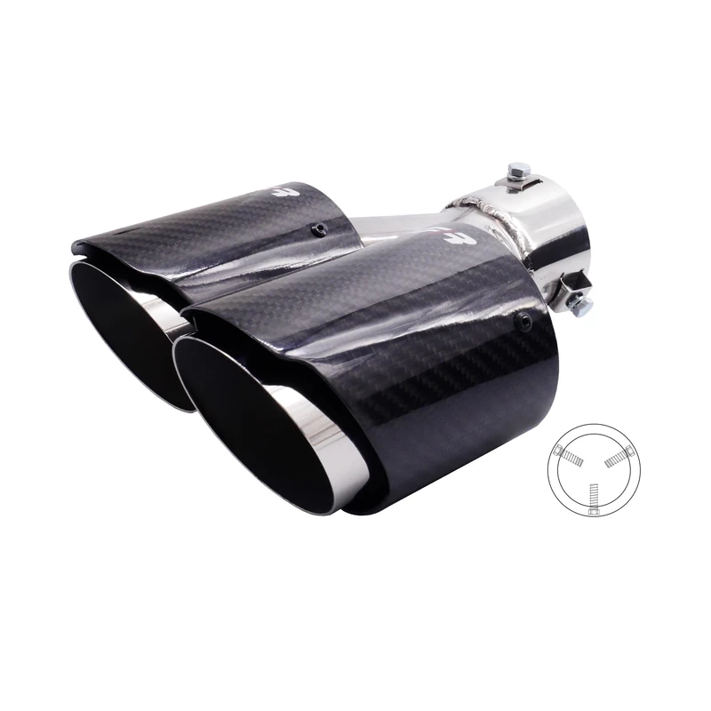 Simoni Racing TRX/117L Universal Exhaust Terminal, Double Round Offset Outlet Left 90 x 2 mm, Stainless Steel and Polished Carbon