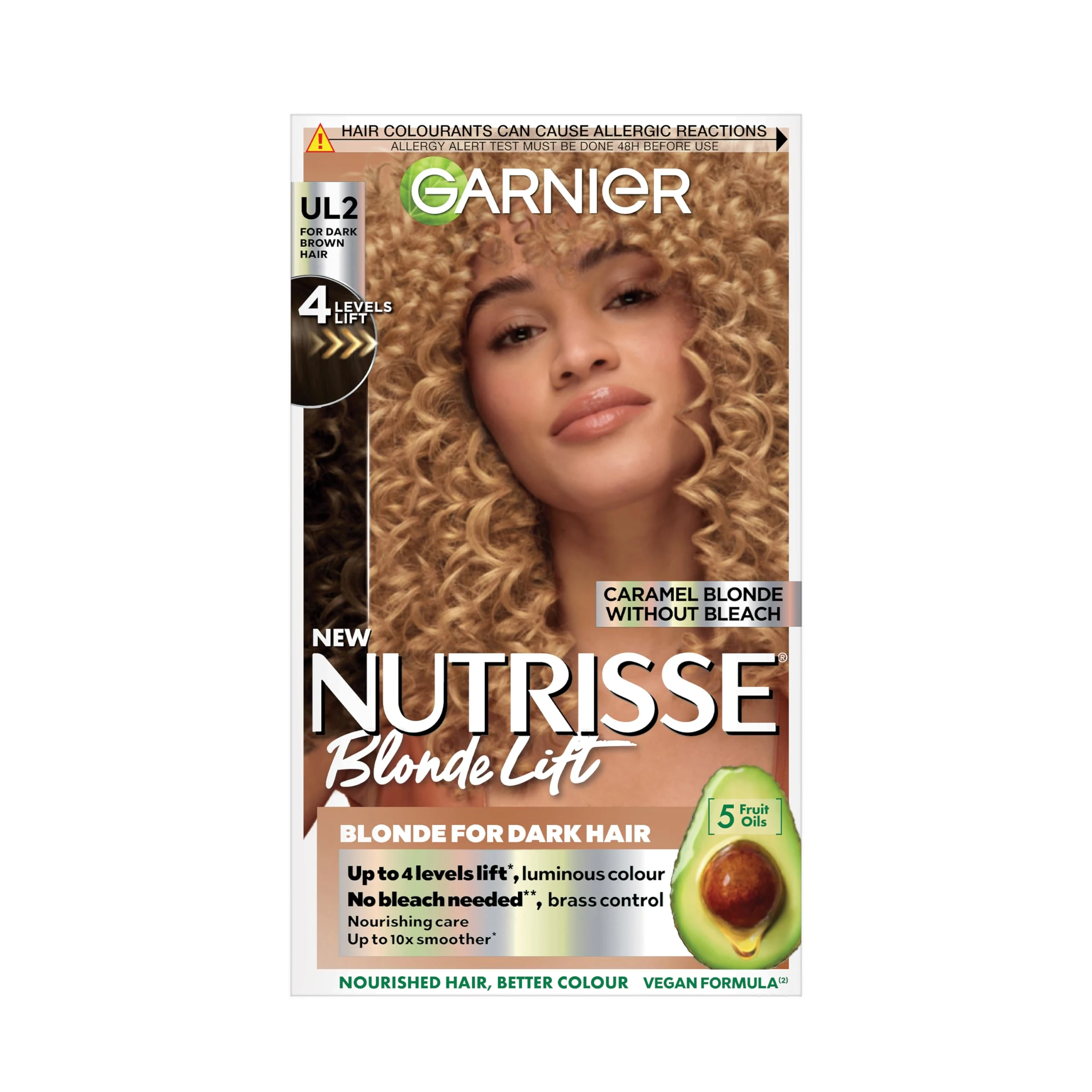 Garnier Nutrisse Blonde Lift Hair Dye, Vegan, UL2 Caramel Blonde Lift. Provides 100% grey coverage and 4 levels of lift. No-ammonia, vegan for sweet, creamy caramel blonde tones and soft results.