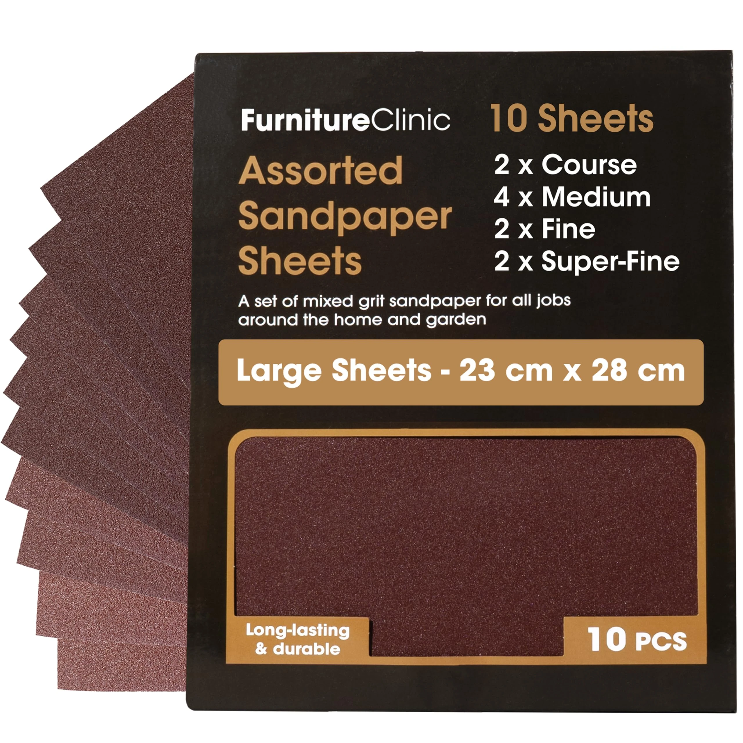 Furniture Clinic Assorted Sandpaper | 10 Large Sheets For Walls, Metal, Wood & Furniture for Hand, Sanding Block or Sander Use | Coarse, Medium, Fine Sand Paper Pack (P40, P80, P120, P240)