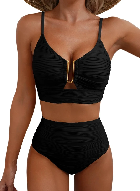Herseas 2 Piece Bikini Set U-Wire Underwire Cutout Swim High Waisted Textured Ruched 2025 Summer Beach Bathing Suits, Black, Large