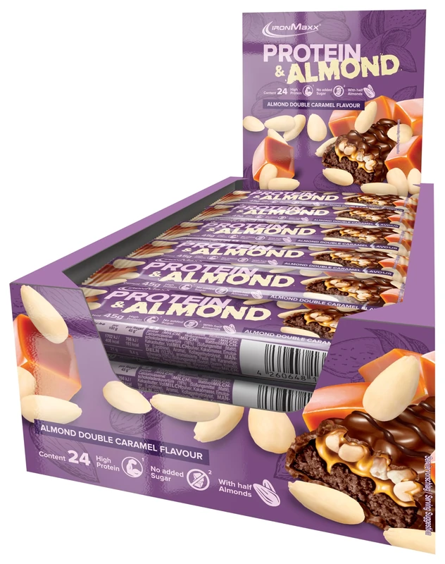 IronMaxx Protein and Almond, Almond Double Caramel 24 x 45g, High Protein bar with Real Almonds, Gluten-Free Protein bar, no Added Sugar and Palm Oil-Free