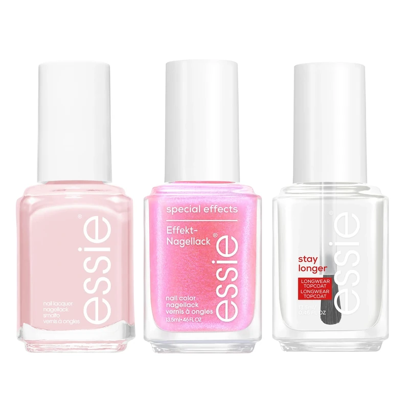 Essie Glazed Doughnut Kit: Mademoiselle Baby Pink Colour, High Shine & Coverage Nail Polish + Nail Art Studio Astral Aura Special Effects Pixel Pearl Nail Polish + Care Stay Longer Topcoat