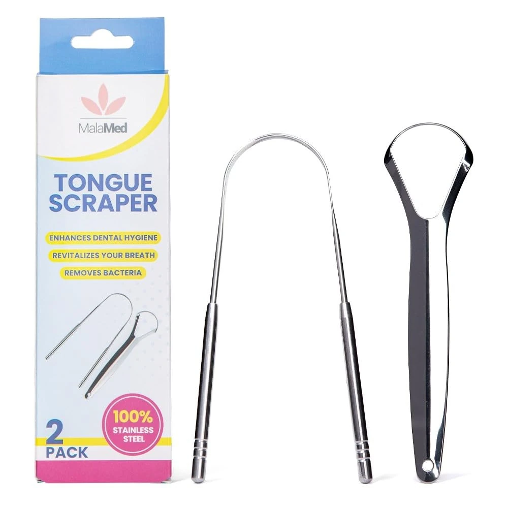 MalaMed | Pack of 2 Tongue Scrapers, 1x U Shape & 1x Y Shaped 100% Stainless Steel Metal Scraper, for Oral Hygiene and Fresh Breath | Easy to Use Cleaner for Adults