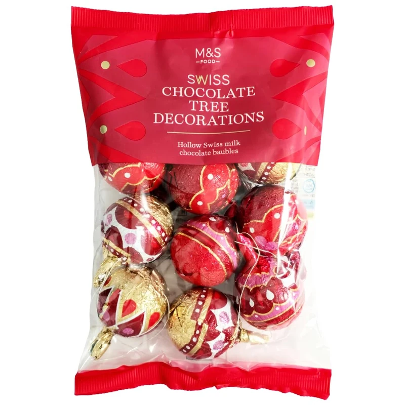 Christmas Swiss Milk Chocolate Tree Decorations M&S, 130g, Hollow Swiss Milk Baubles (1 Pack)