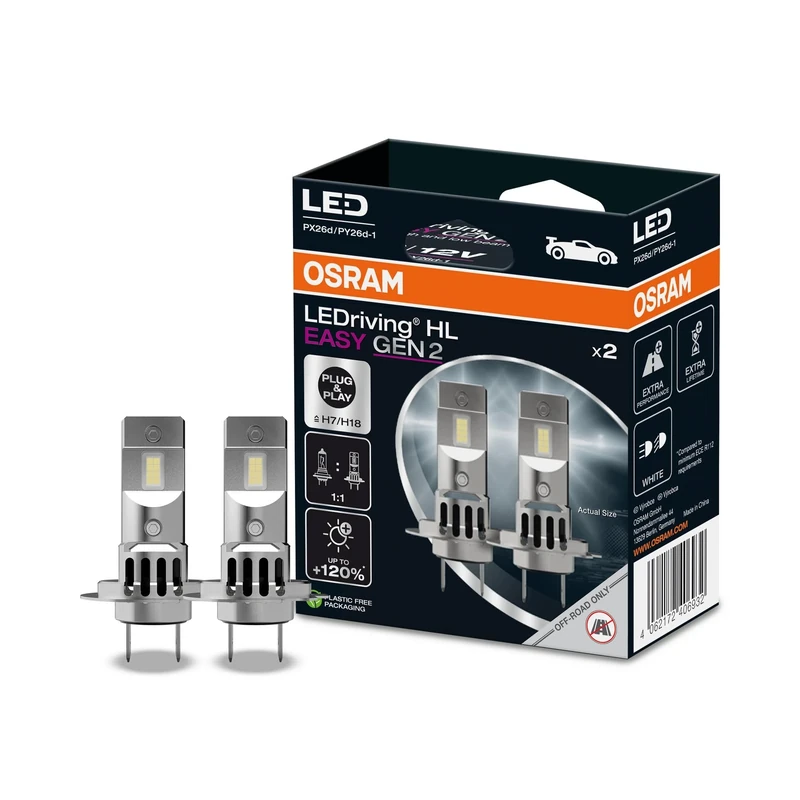 OSRAM LEDriving® HL EASY GEN 2 ≜ H7/H18, LED high and low beam lamp, Cool White 6500K, no accessory needed, offroad use only - no ECE, 2 lamps