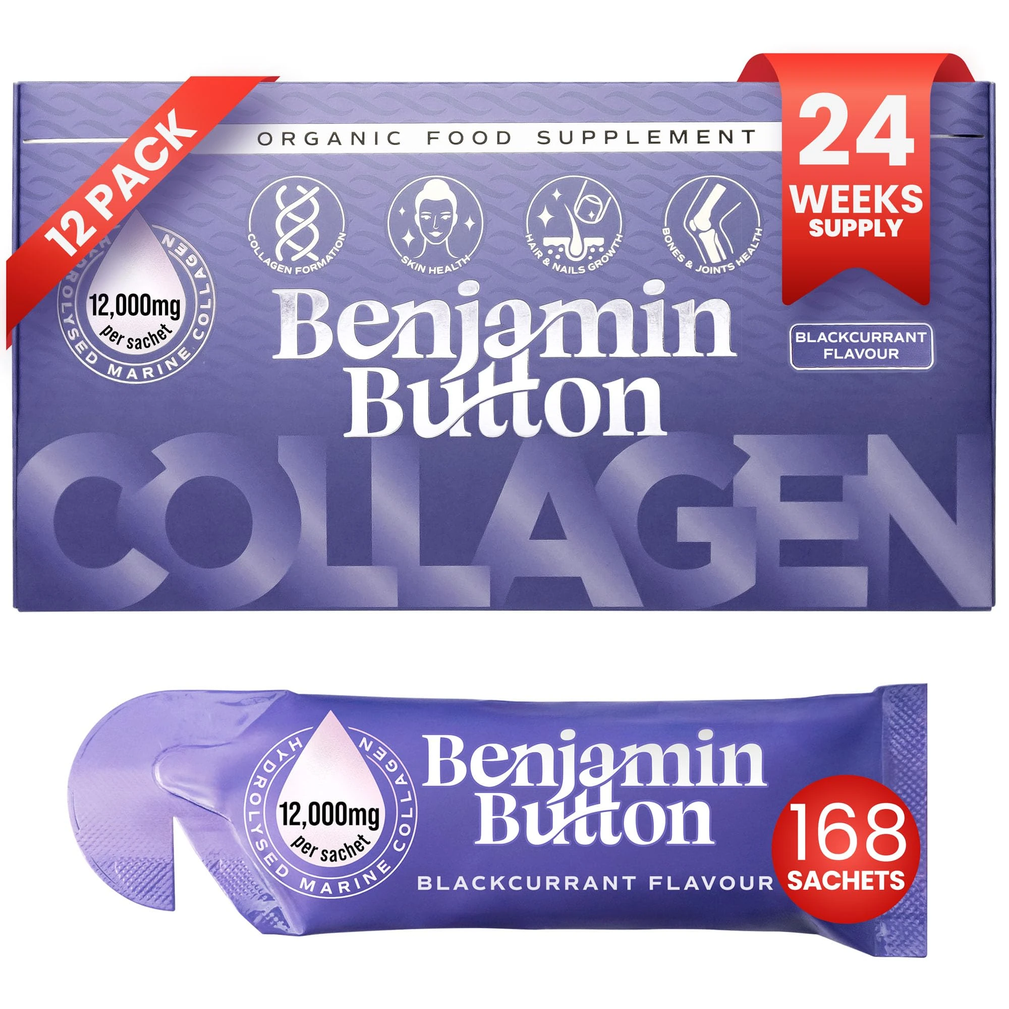 Benjamin Button Marine Collagen Liquid Sachet w/Hyaluronic Acid & Vitamin C | for Hair, Skin, Nails & Joints | 12,000mg High Strength Hydrolysed Collagen (Blackcurrant, 168x Sachets)