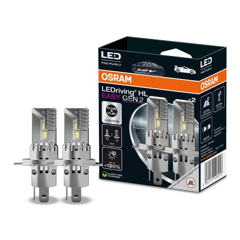 OSRAM LEDriving® HL EASY GEN 2 ≜ H4/H19, LED high and low beam lamp, Cool White 6500K, no accessory needed, offroad use only - no ECE, 2 lamps