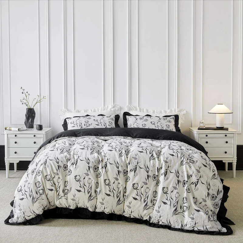 YuHeGuoJi Grey White Floral Duvet Cover Queen 100% Cotton 3 Pcs Set 1 Farmhouse Black Flower Duvet Cover with Zipper Ties 2 Pillow Shams Black White Ruffle Botanical Bedding Set Soft