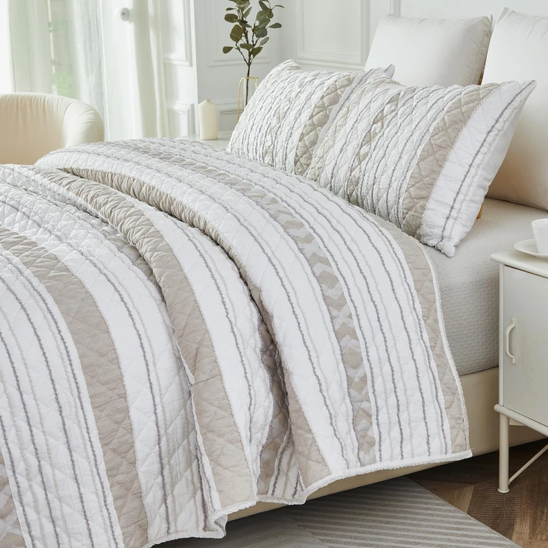 Brandream Elegant Cotton Quilt Set Twin Size 2-Piece – Soft Striped & Textured Design | Lightweight & Breathable Comforter with Matching Pillow Sham for All Seasons