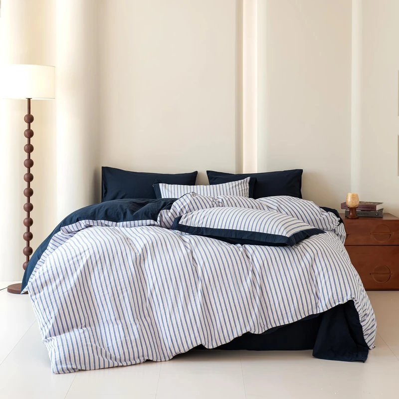 SUSYBAO Blue Striped Duvet Cover King 100% Washed Cotton 3 Pieces Set 1 Denim Blue Pinstripe Duvet Cover with Zipper Ties 2 Pillow Shams Neutral Soft Navy Blue Stripe Bedding Set Breathable