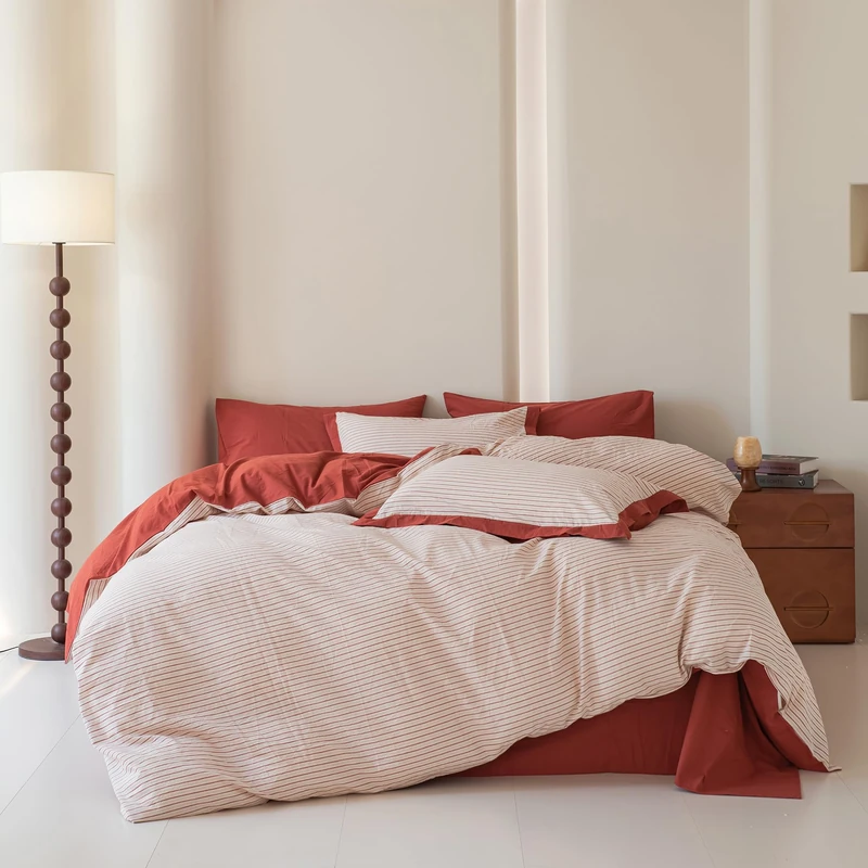 SUSYBAO Striped Duvet Cover Queen 100% Washed Cotton Neutral Pinstripe Duvet Cover 3 Pcs Set 1 Red Geometric Duvet Cover with Zipper Ties 2 Pillow Sham Farmhouse Horizontal Stripe Bedding Set Soft