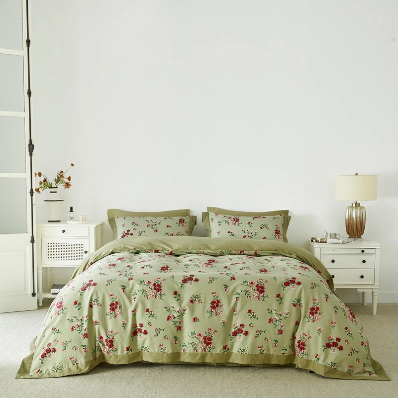 YuHeGuoJi Green Botanical Duvet Cover King 100% Cotton 3 Pcs Set 1 Pink Red Floral Duvet Cover with Zipper Ties 2 Pillow Shams Decorative Sage Green Wide Trim Bedding Set Soft