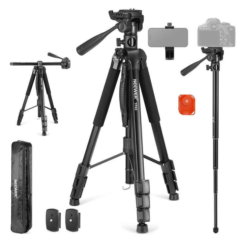 NEEWER Basic 74" Video Tripod Monopod w/ 3 Way Pan Tilt Head & Remote, Overhead Mount w/Horizontal Central Axis, Holder for DSLR, Telescope, Projector, Max Load 17.6lb, TP05