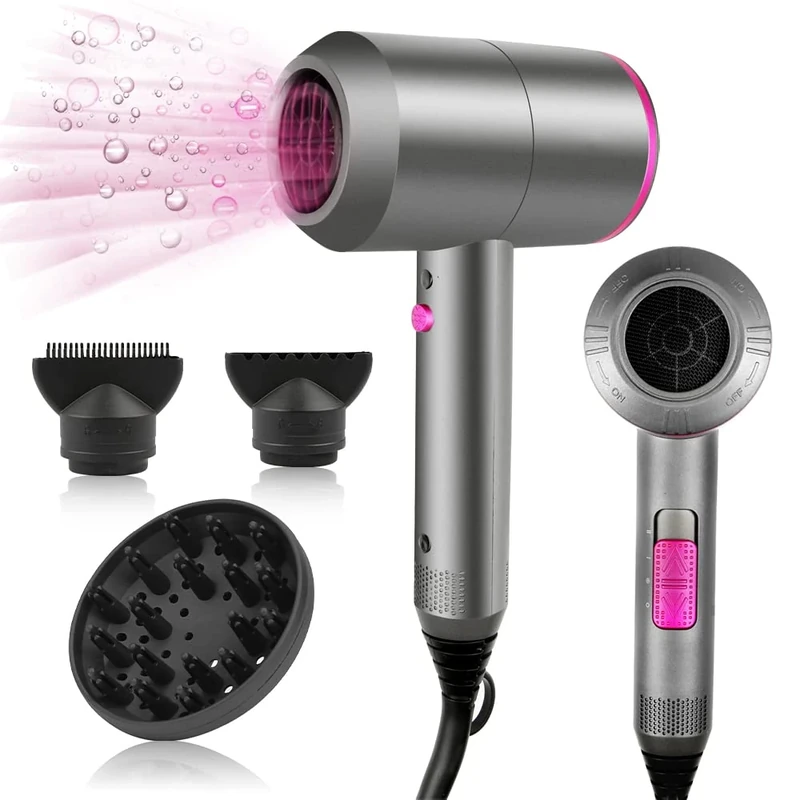 HappyGoo Hair Dryer Professional Ionic Hairdryer with 2 Speed 3 Heat Setting, Cool Shot Button, 1 Diffuser & 2 Concentrator, Hairdryers for Women & Man - Light Gray
