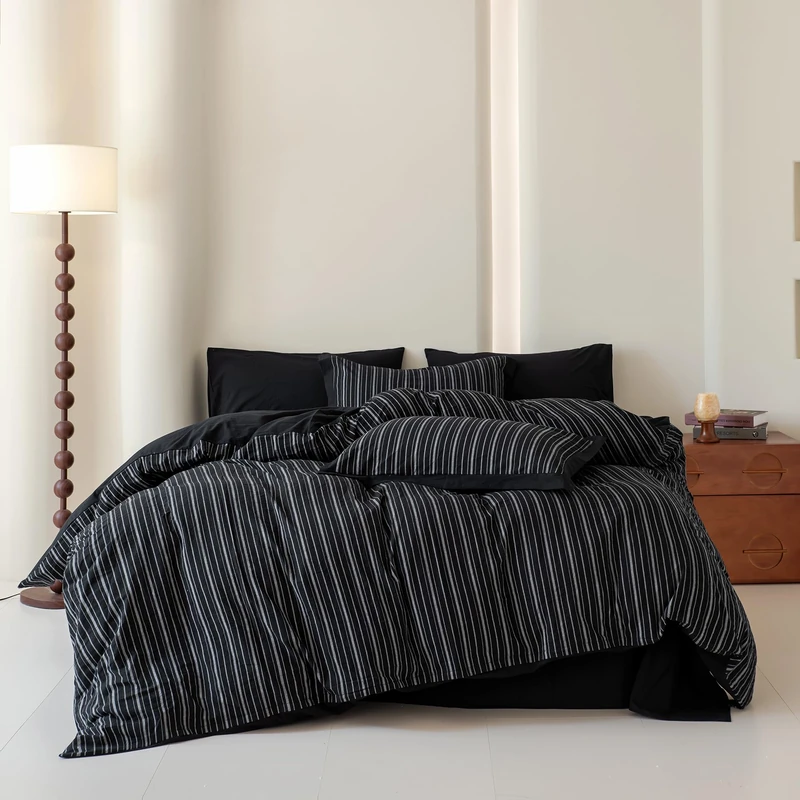 SUSYBAO Black Striped Duvet Cover King 100% Washed Cotton Grey Pinstripe Duvet Cover 3 Pieces Set 1 Farmhouse Gray Stripe Duvet Cover with Zipper Ties 2 Pillow Shams Soft Classic Geometric Bedding
