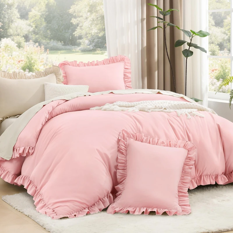 Litanika Full Comforter Set, 3 Pieces Pink Ruffle Bedding Set