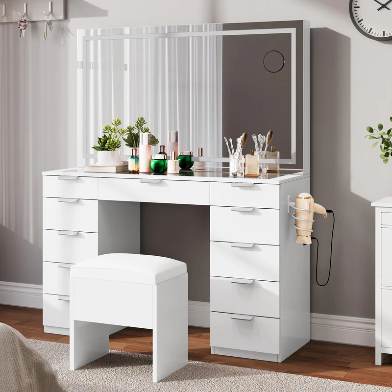 YITAHOME Dressing Table with LED Lights,Glass Top Bedroom Vanity Table with Large Mirror and Stool,Vanity Desk with 11 Drawers,White