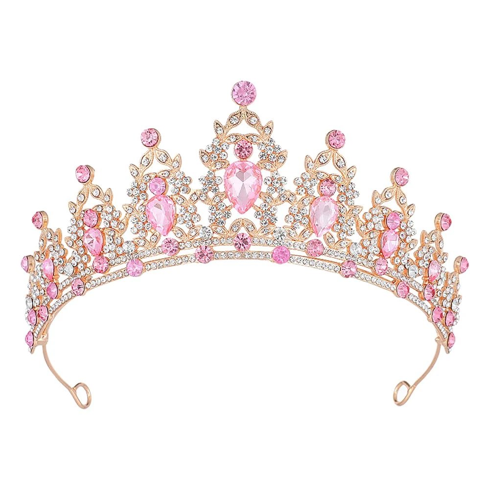JIHUOO Crystal Rhinestone Tiara Crown Headband Wedding & Birthday Party Princess Crown Bridal Headpiece Pageant Prom Headwear for Women & Girls - Golden Pink
