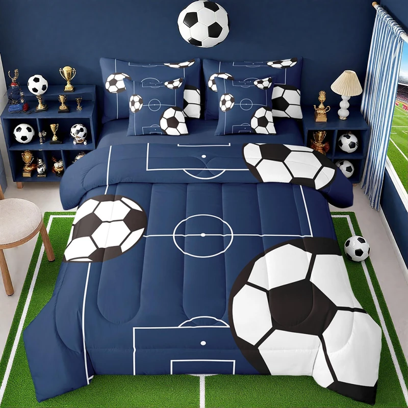 Feelyou Football Bedding Set Queen Size 7 Pieces Kids Soccer Ball Pattern for Boys Girls Teens Sports Theme Football Court Bed in a Bag with Comforter, Sheets, Pillowcases & Cushion Cover