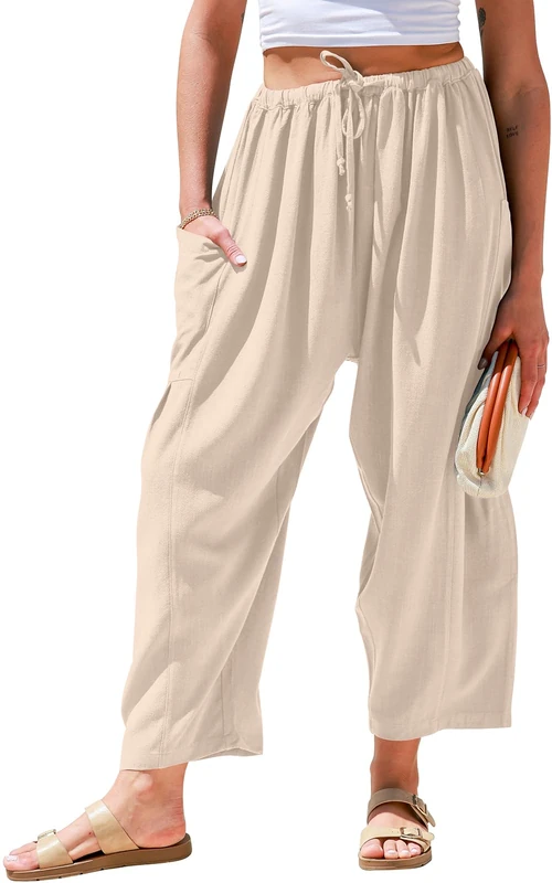 Tarse Womens Linen Wide Leg Pants Casual Loose Drawstring Low Waist Beach Palazzo Harem Pants with Pockets, Heather Lightkhaki, XL