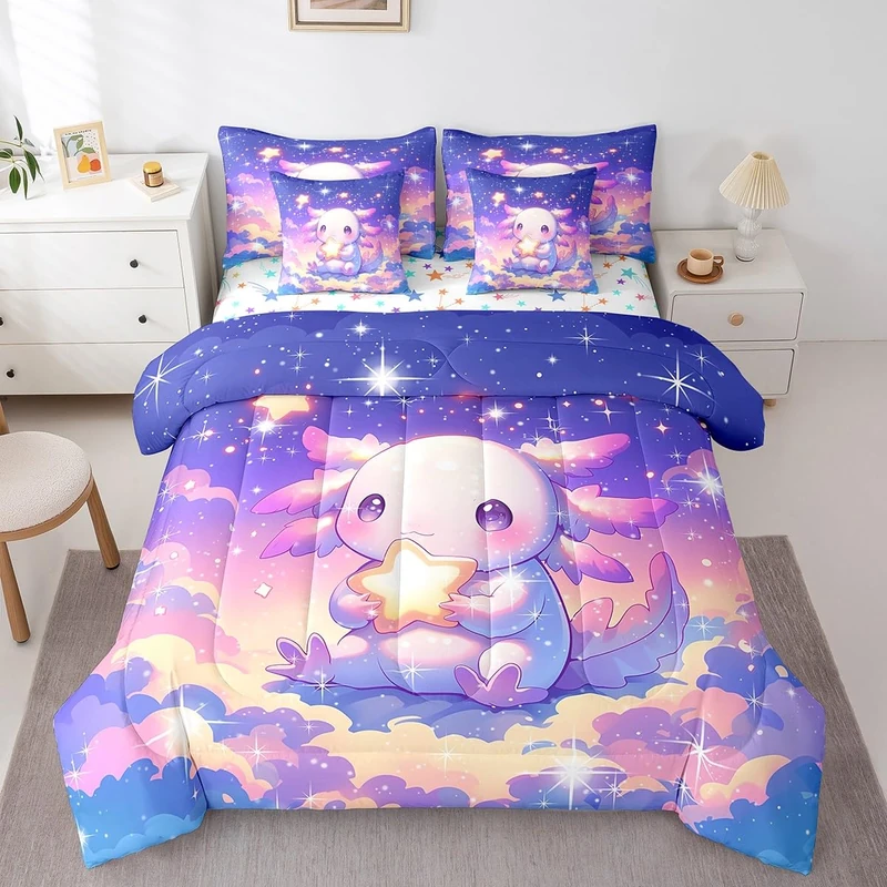 Feelyou Kids Cute Axolotl Bed in A Bag Queen Size, Galaxy 7 Pieces Bedding Set Boys Girls Cartoon Salamander Comforter Set with Sheets Kawaii Animal Teens Bed Set Bedroom Decor 7Pcs