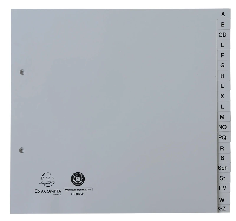 Exacompta - Ref 1723B - Box of 25 Indexes Printed Alphabetical PP Recycled Grey A-Z (German Alphabet) - 20 Positions - 2/3 A4 - Grey