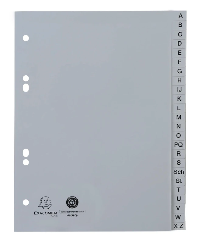 Exacompta - Ref 1743B - Box of 25 Printed Alphabetical dividers Recycled PP Grey A-Z (German Alphabet) - 24 Positions - A5 - Grey