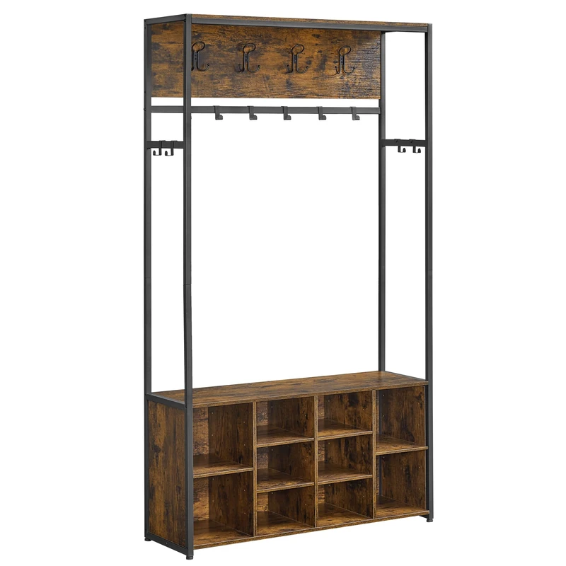 VASAGLE Hall Tree with Bench and Shoe Storage, Coat Rack with Shoe Bench, Hallway Furniture, Open Compartments, Industrial Style, Space Saving, Rustic Brown and Ink Black HSR432K01