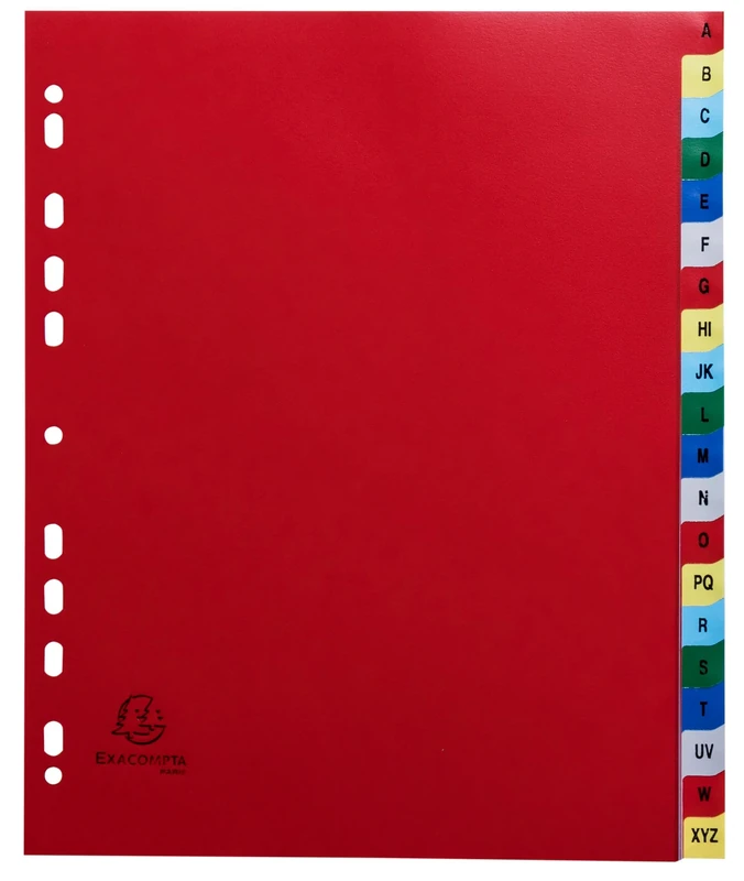 Exacompta - Ref 90E - Box of 20 Polypropylene dividers with 20 Printed Alphabetical tabs from A to Z in Colour - Indexing Page imrpimable - Format to File A4 Maxi - 24.5 x 29.7 cm