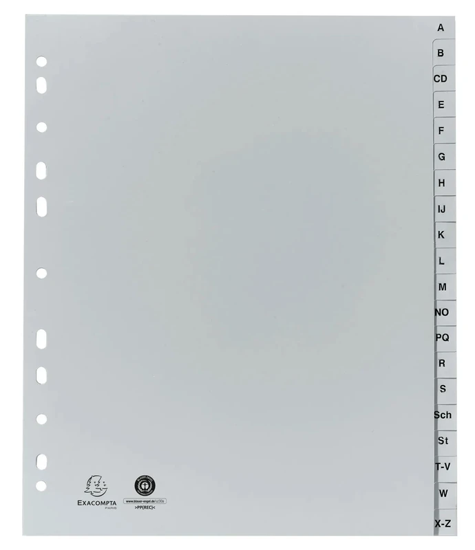 Exacompta - Ref 1920B - Box of 25 Printed Alphabetical dividers PP Recycled Grey - AZ (German Alphabet) 20 Positions - A4 Maxi - Grey