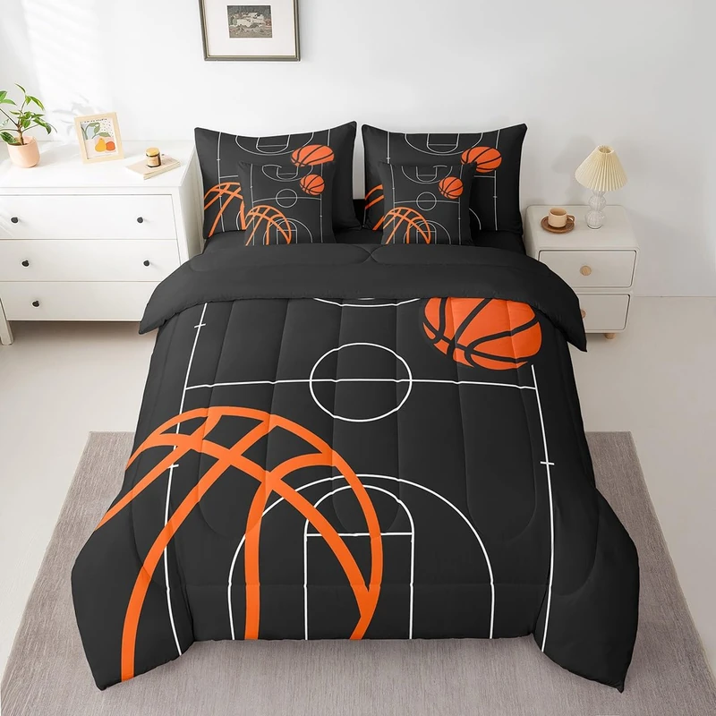 Feelyou Basketball Bedding Set Twin 7 Pieces Kids Basketball Court for Boys Girls Teens Gaming Sports Bedding Set Sports Theme Black Bed in a Bag with Comforter, Sheets, Pillowcases & Cushion Cover