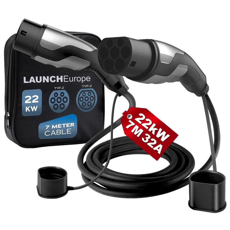 LAUNCH Type 2 Charging Cable, 32A/22kW/7M/3 Phase/IP55, Type 2 to Type 2 EV Charging Cable Facilitates Fast Charging for Electric Vehicles. TÜV, CE, RoHS, UKCA Certified Includes Carry Bag.