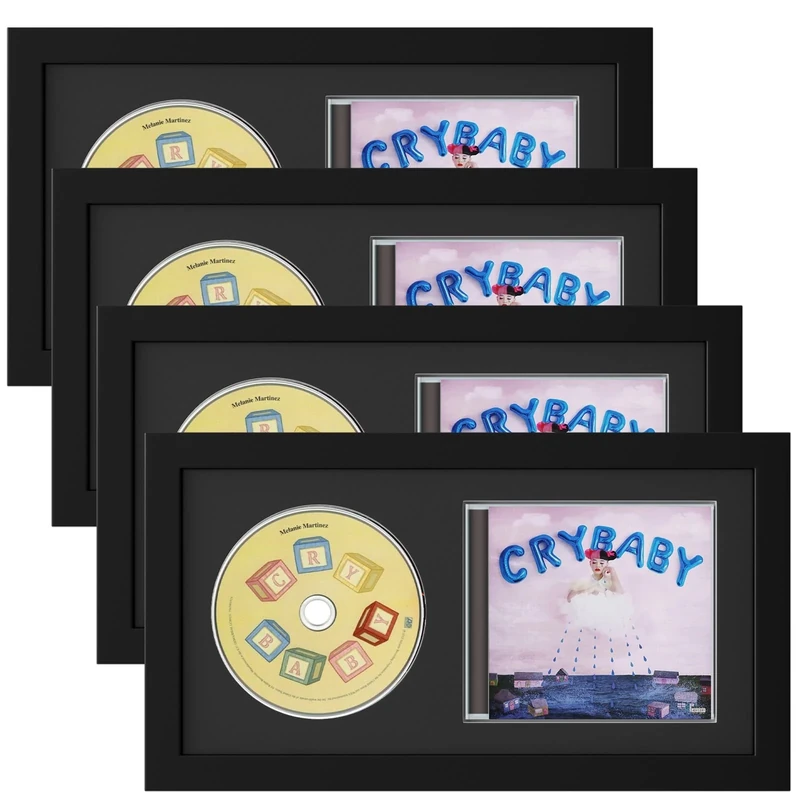 Allenkwok 4 Pack Solid Wood CD Display Frame for CD Cases and Discs with EVA Foam Lining Black Flocked Fabric Wall Mounted Acrylic Cover 3.05" x 5.7"