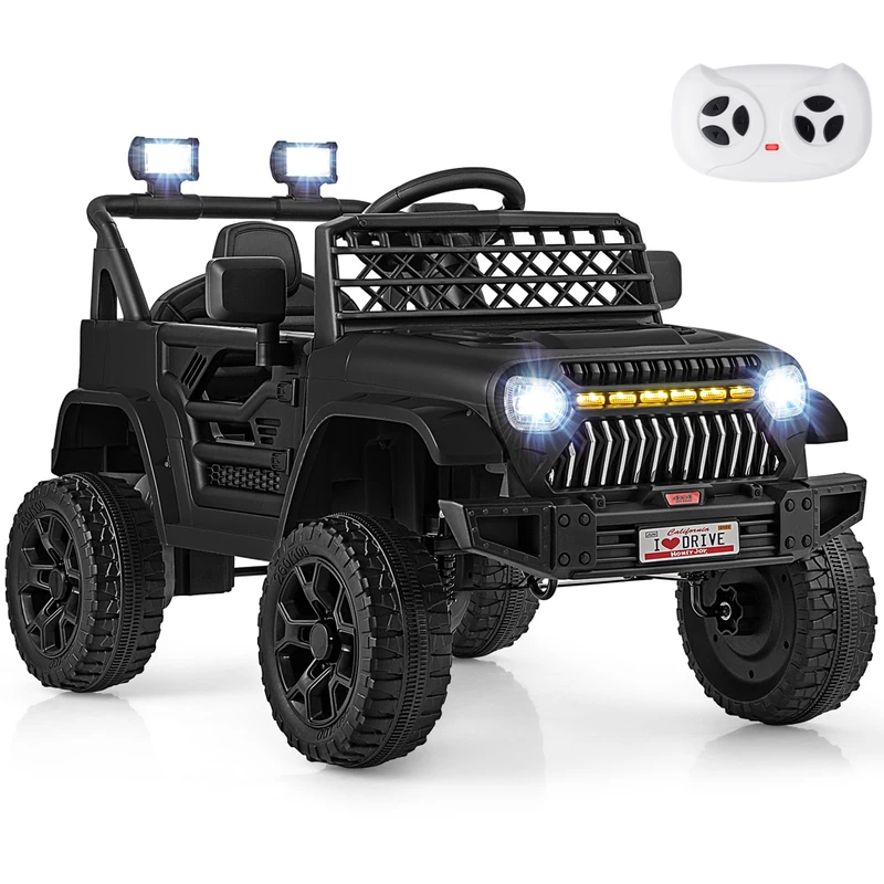 GYMAX Kids Ride on Car, 12V Battery Powered Toy Car with Remote Control, Lights, Music, Horn, Bluetooth, USB, Shock Suspension and Slow Start, Children Electric Off Road Truck for 3 Years Old+ (Black)