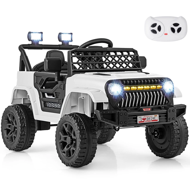 GYMAX Kids Ride on Car, 12V Battery Powered Toy Car with Remote Control, Lights, Music, Horn, Bluetooth, USB, Shock Suspension and Slow Start, Children Electric Off Road Truck for 3 Years Old+ (White)
