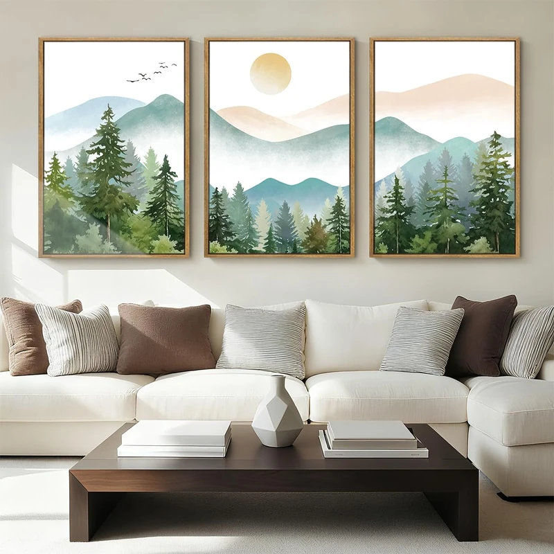 Anyzal Framed Green Mountain Canvas Wall Art Abstract Forest painting Outdoor Nature Landscape Art Print for Living room Bedroom Office-16 * 24 Inch Set of 3
