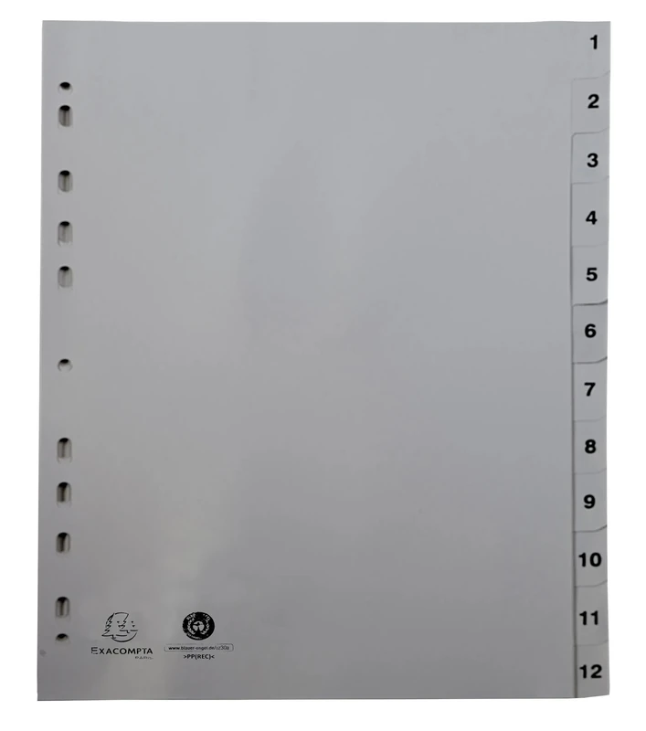 Exacompta - Ref 1912E - Cardboard of 20 Grey Recycled Polypropylene dividers with 12 Digitally Printed tabs from 1 to 12 - A4 File Size - Dimensions 22.5 x 29.7 cm - Certified Blue Angel
