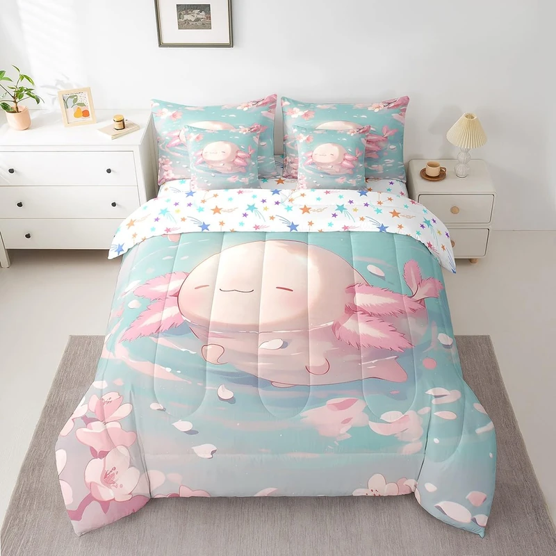 Feelyou Kids Cute Axolotl Comforter Set with Sheets Queen Size, Cartoon Salamander 7 Pieces Bedding Set Boys Girls Kawaii Ocean Sealife Bed in A Bag Cherry Blossoms Teens Bed Set Bedroom Decor 7Pcs