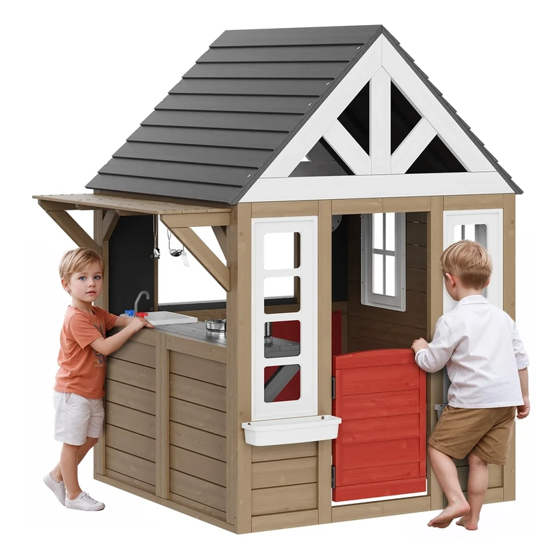 VEVOR Modern Country Cedar Wooden Playhouse for Kids, Reddish Brown, 55.24 x 49.61 x 65.35 inches, Country Style with Door, Windows, Flower Pot Holders, Kitchen Area, Spacious Entertainment