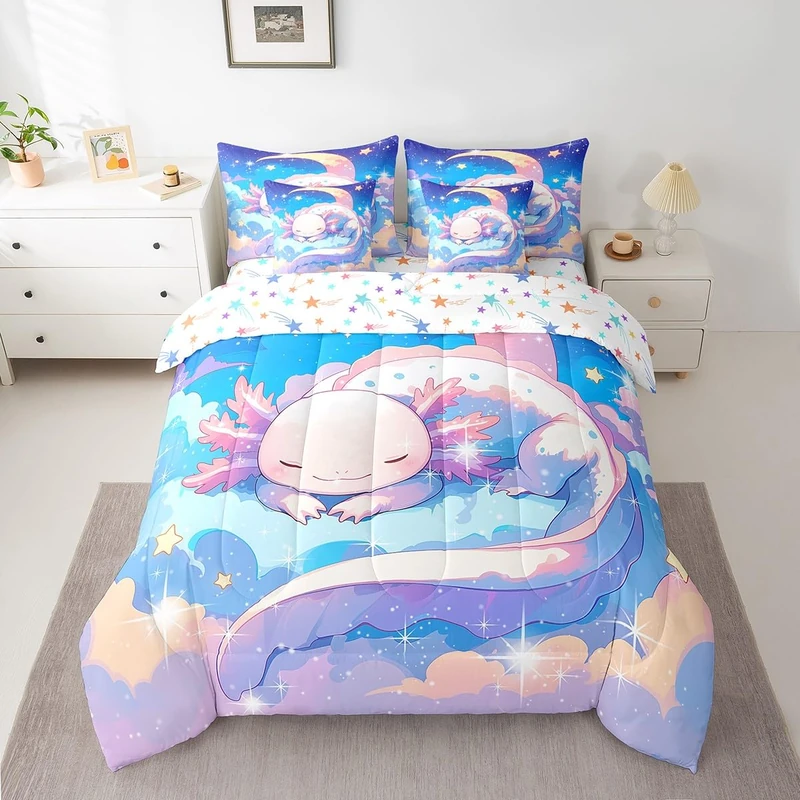 Feelyou Kids Cute Axolotl Bed in A Bag Queen Size, Galaxy 7 Pieces Bedding Set Boys Girls Cartoon Salamander Comforter Set with Sheets Kawaii Animal Teens Bed Set Bedroom Decor 7Pcs