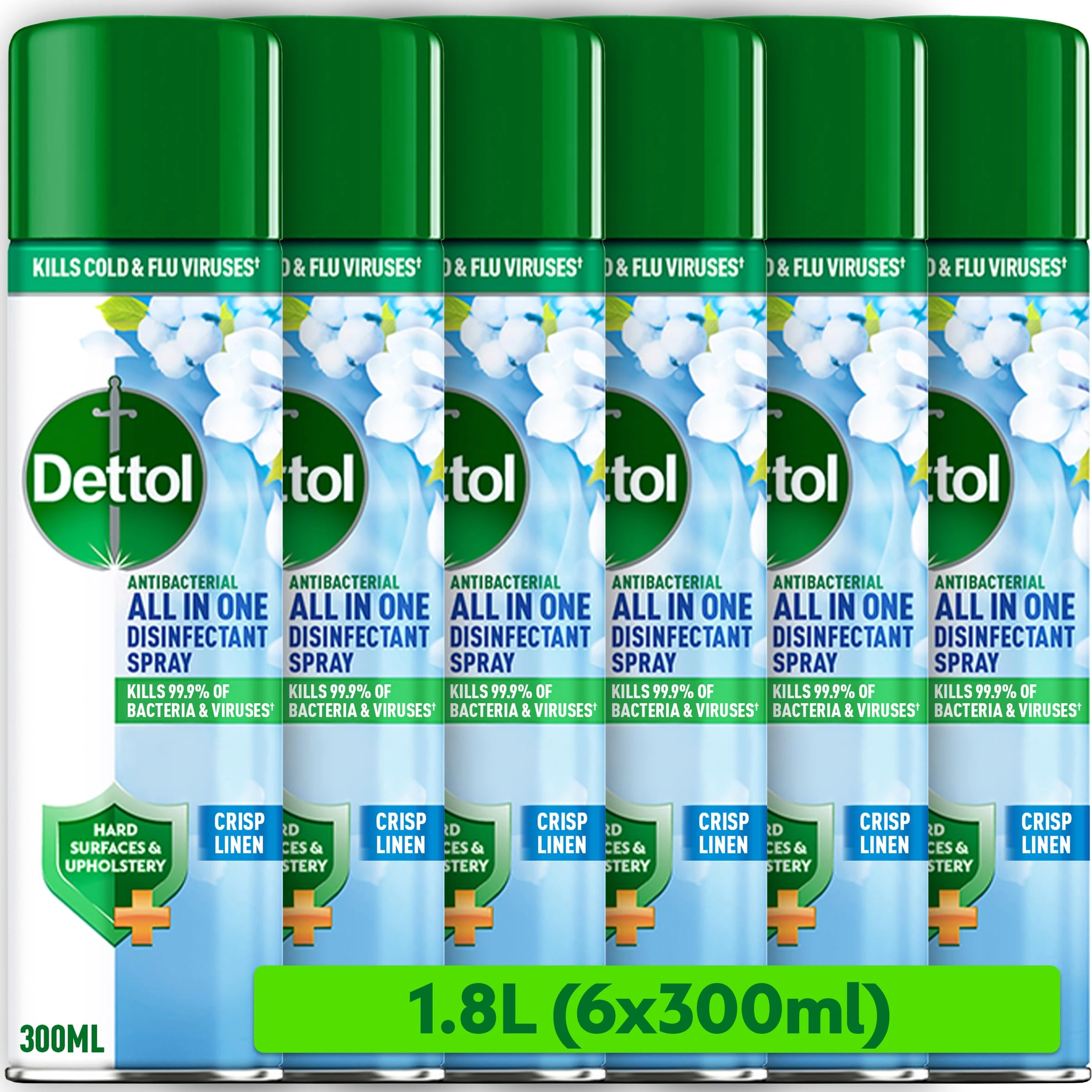 Dettol, Antibacterial All In One Disinfectant Spray, Crisp Linen, 1.8L (300ml x 6pck) Household Sanitiser, Hard Surfaces, Upholstery, No Wiping Required, Kills 99.9 Percent of Germs