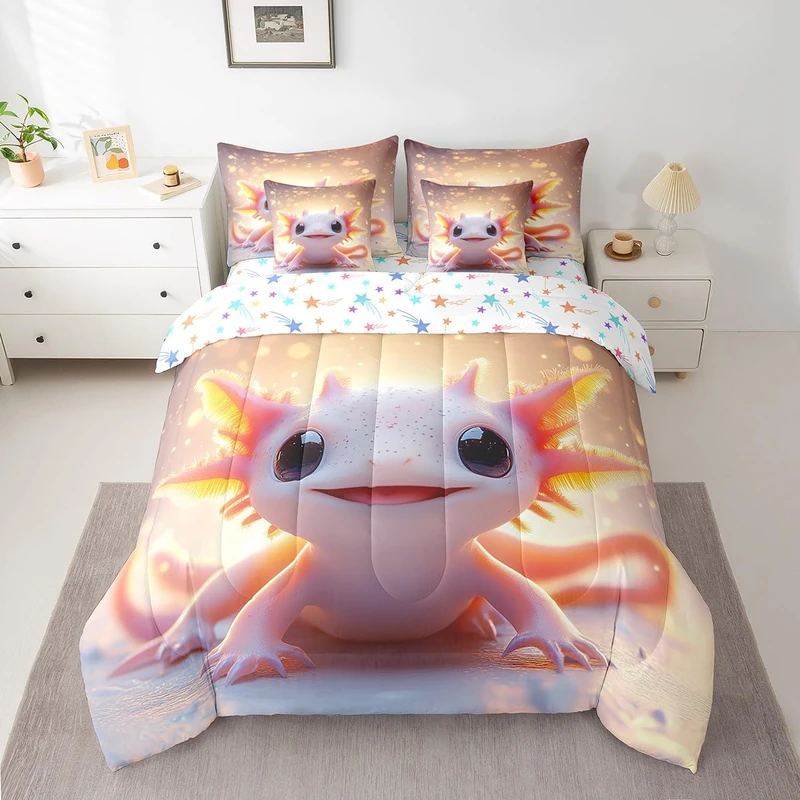 Feelyou Kids Cute Axolotl Comforter Set with Sheets Queen Size, Cartoon Salamander 7 Pieces Bedding Set Boys Girls Kawaii Animal Bed in A Bag Ocean Sealife Teens Bed Set Bedroom Decor 7Pcs
