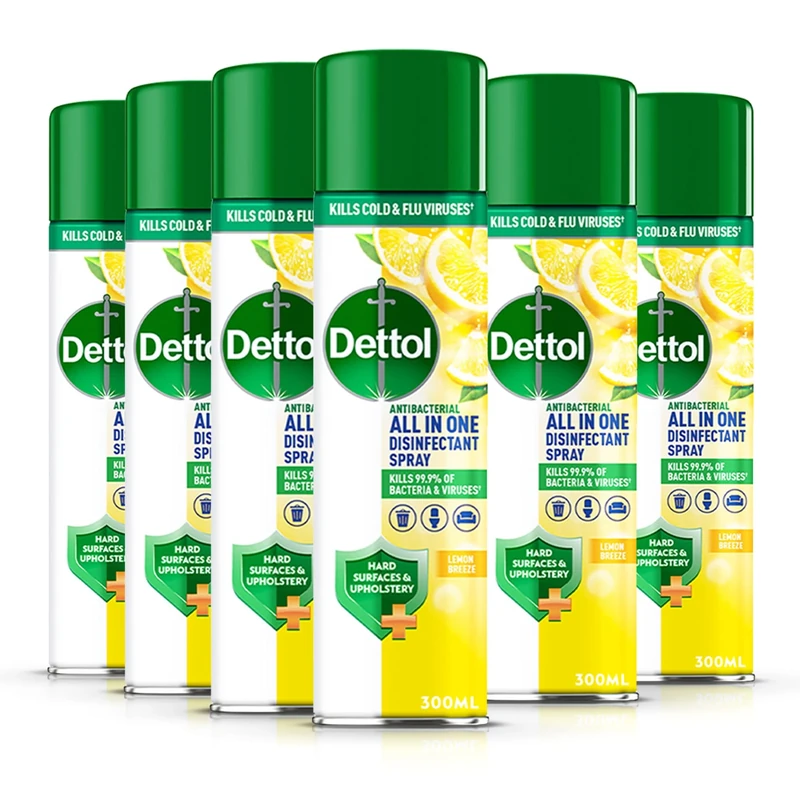 Dettol All-In-One Lemon Disinfectant Spray Multipack 6x300 ml - Fresh Pet, Shoe, Sofa Antibacterial Cleaner - Household Sanitizer Sprays & Liquids