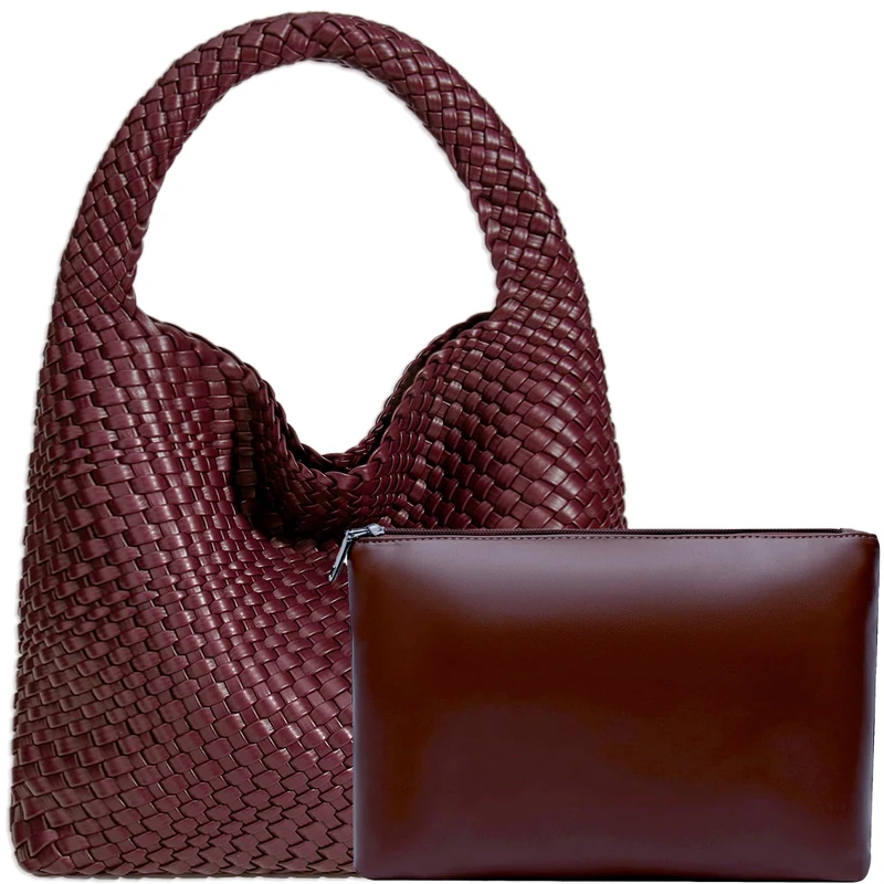 JINMANXUE Women Vegan Leather Hand-Woven Tote Handbag Fashion Shoulder Top-handle Bag All-Match Underarm Bag with Purse, Ankela Red