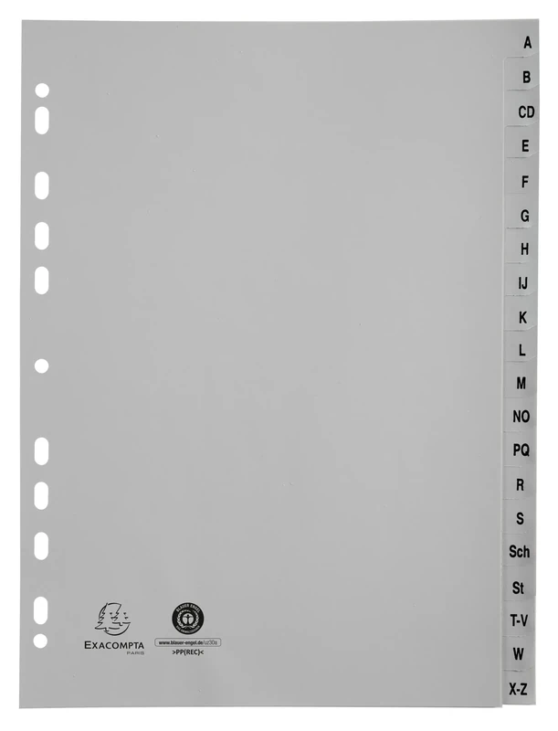 Exacompta - Ref 1720B - Box of 25 Indexes Printed alphabetically Printed Recycled PP Grey A-Z (German Alphabet) - 20 Positions - A4 - Grey