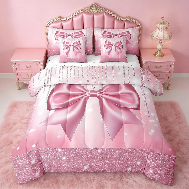 Feelyou Kids Pink Bowknot 7 Pieces Bedding Set Queen Size, Dreamy Princess Comforter Set with Sheets Boys Girls Glitter Bed in A Bag Watercolor Bow Teens Bed Set Bedroom Decor 7Pcs