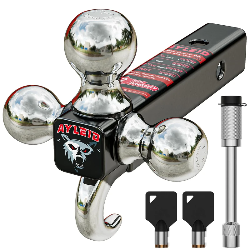 Ayleid Trailer Hitch Tri-Ball Mount with Hook & Pin Balls Sized 1-7/8 inches, 2 inches & 2-5/16 inches, Hitch Ball,Tow Hitch,Silver Ball with Anti-Theft Locking Hitch Pin
