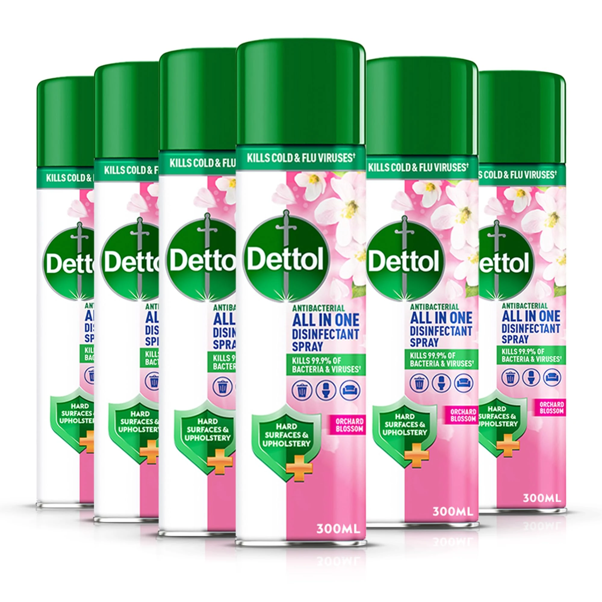 Dettol All In One Disinfectant Spray, Orchard Blossom, 6 x 300 ml Multipack, Fresh Pet & Shoe Sanitiser, Sofa Cleaner, Antibacterial Liquid, Ideal for Home Hygiene